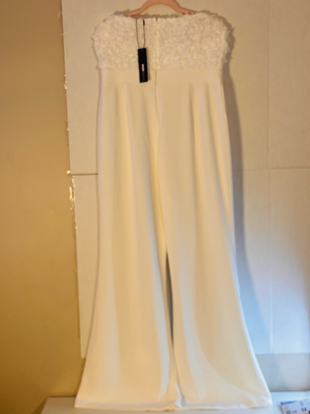 Strapless Wide-Leg Jumpsuit with Textured Bodice - Cream